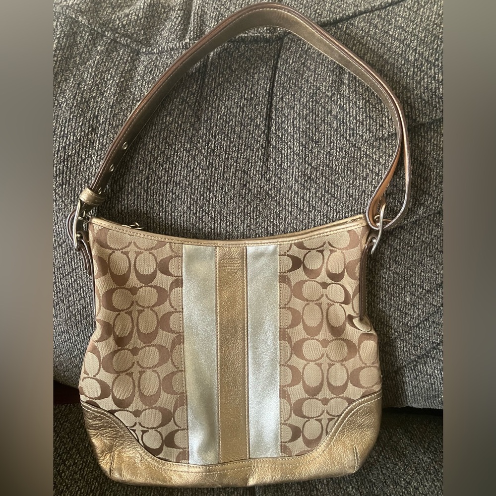 Coach signature medium hobo bag with gold +silver stripes & gold leather trim
